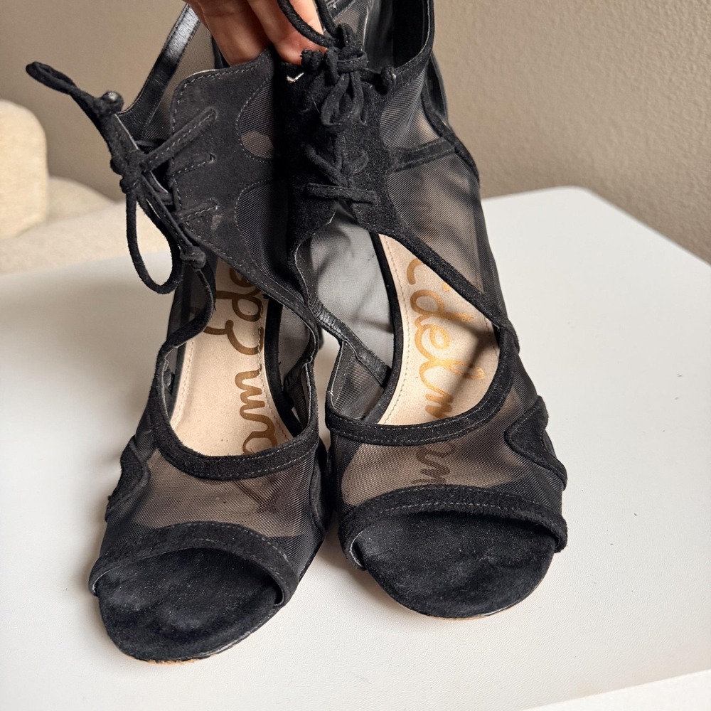 Sam Edelman Pompei Sandals Womens Size 10.5 Black Suede Mesh Lace Up Heels